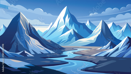 Stylized icy mountain range with a winding river snow
