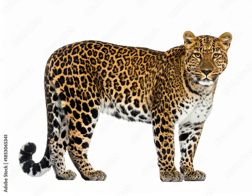 Fototapeta premium Photo of a leopard isolated on a white background. Majestic big cat, ideal for wildlife, nature, and animal photography projects