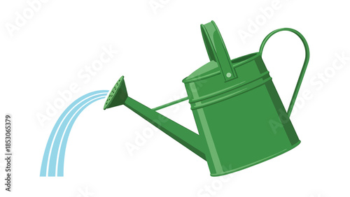 A vibrant green watering can tilted, pouring streams of blue water, isolated on a white background, illustrating gardening and plant care.