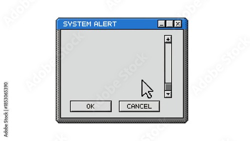 Nostalgic digital system alert dialog box with a pointer icon hovering over the cancel button, depicting an old-fashioned computer error or notification message