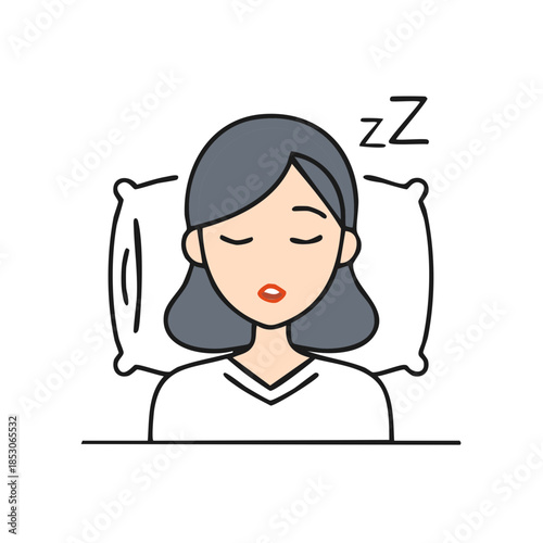 Cartoon woman sleeping soundly on a pillow with closed eyes emitting Zzz symbols illustration icon vector