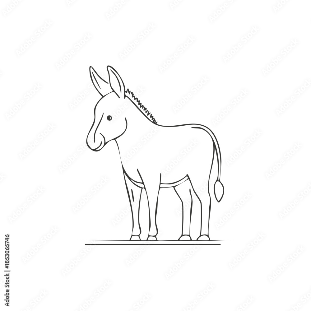 Obraz premium Stylized donkey outline illustration depicts a farm animal standing on a grassy terrain, simplified graphic rendering of the equid for diverse applications