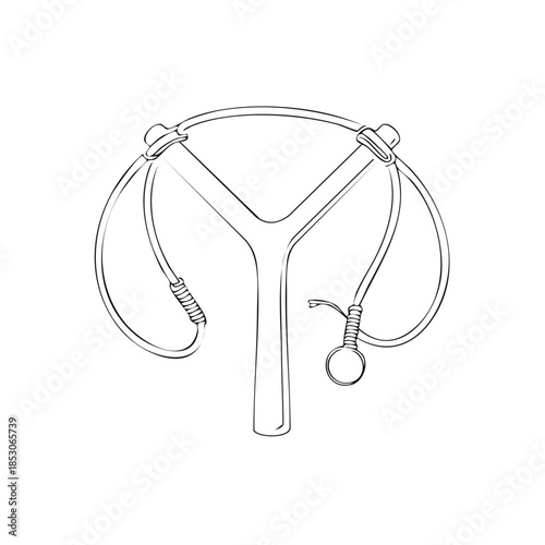Line art illustration of a classic wooden slingshot.  Recreational leisure activity and vintage-inspired childhood games.