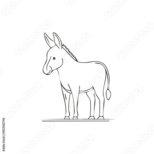 Stylized donkey outline illustration depicts a farm animal standing on a grassy terrain, simplified graphic rendering of the equid for diverse applications