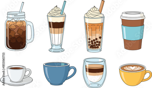 Coffee drinks collection featuring iced coffee latte cappuccino espresso and takeaway cups in detailed flat vector illustration