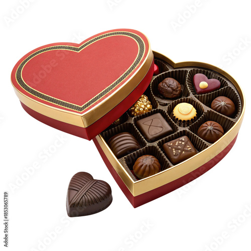 Open heart-shaped red and gold box of chocolates with one outside the box