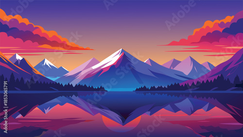 Vivid mountain lake reflection at sunset or sunrise