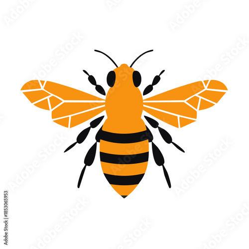 Golden Bee, stylized insect with striped abdomen and transparent wings on white background