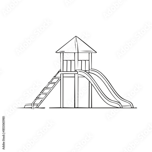 Linear illustration of a children's playground with tower, stairs, and slide for playtime