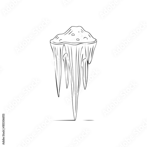 Minimalistic illustration of a suspended land formation with hanging icicles or rock formation sketch in grayscale