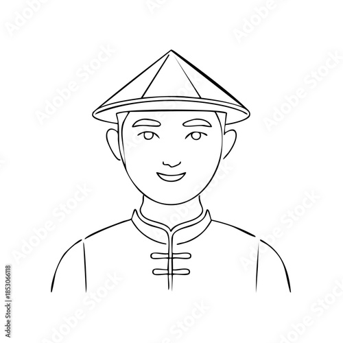 Asian man portrait with conical hat in outline drawing style, traditional costume illustration