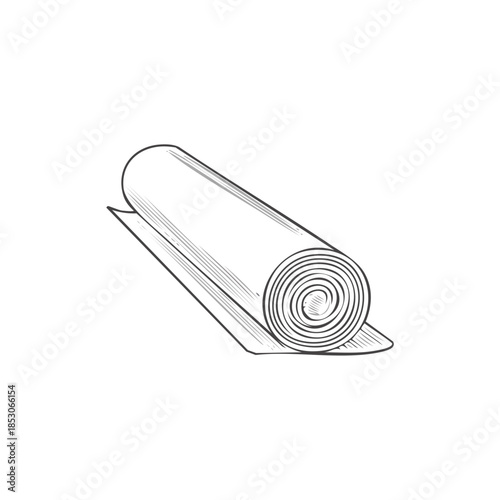 Sketch illustration of a rolled up carpet or rug, graphic design element, interior decor, home furnishing