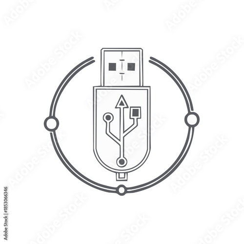 USB Drive Outline Icon in Circle Frame Design for Digital Storage and Data Transfer Technology