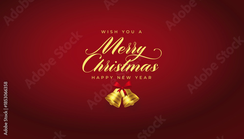 Happy Merry Christmas Typography With Golden Bell on Red Gradient Background