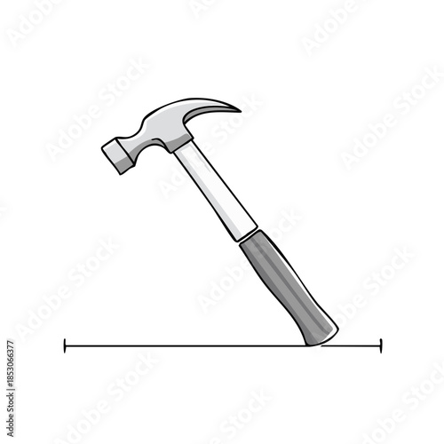 Cartoonish silver colored metal claw hammer with grey grip hammering into a flat brown surface line