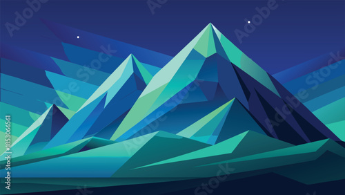 Jagged geometric mountains in shades of blue and green