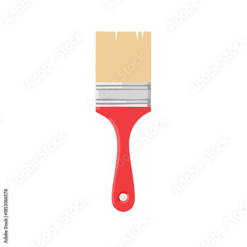 Red Handled Paintbrush with Beige Bristles Painting Tool Flat Vector Icon