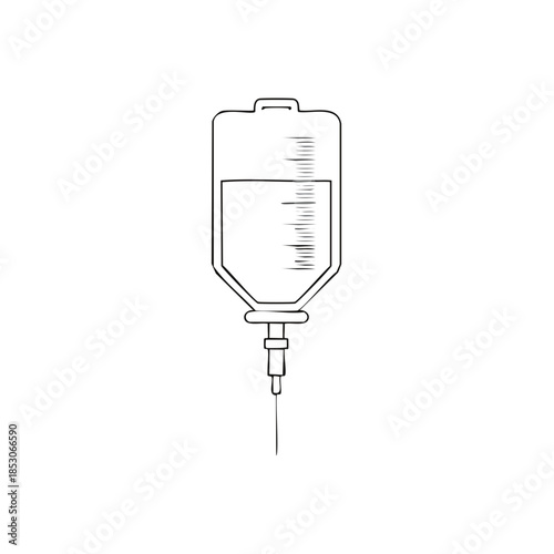 Drip Bag Design Medical Treatment Illustration Liquid Solution Healthcare System, Intravenous Therapy, Line Art Drawing on White Background