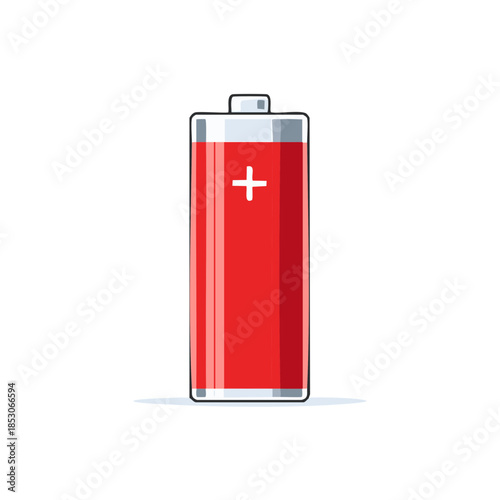 Red Battery Illustration with Plus Sign Showing Full Charge Energy Concept
