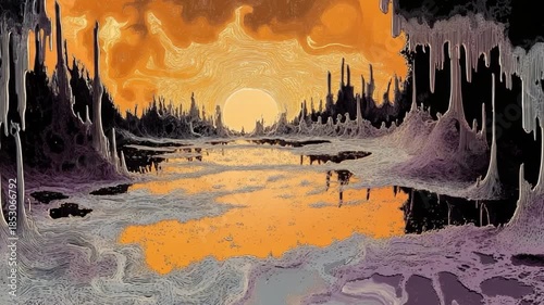 Surreal landscape with otherworldly reflections under a radiant golden sunset