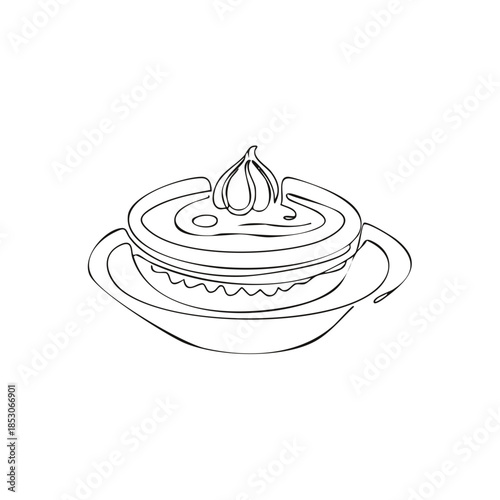 Line art illustration of dessert cake with cream on top, dessert on plate, minimalistic style for web banners and prints