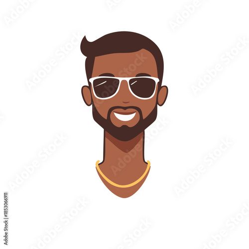 Smiling dark-skinned man with beard wearing sunglasses and gold chain on white looking forward in vector cartoon style