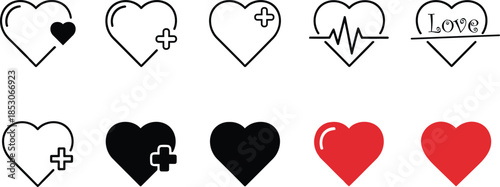 A diverse collection of heart icons illustrating love, health, and favorite actions