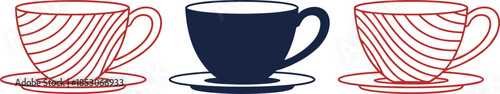 Elegant coffee cups and saucers set with outline and solid styles representing cafe tableware minimal vector illustration
