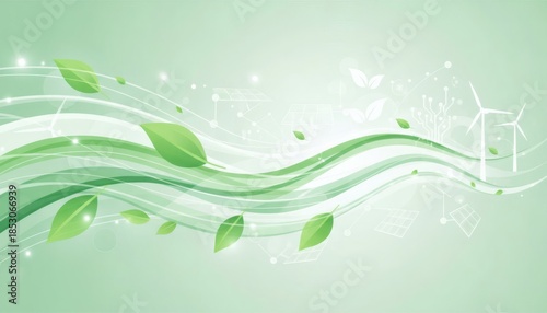 Green energy concept with leaves wind turbines and flowing wave design