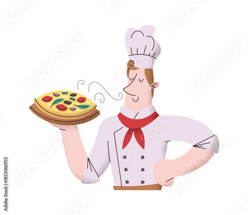Happy chef baker serving pizza
