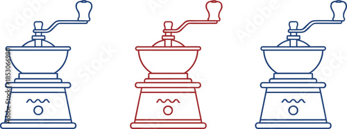 Classic manual coffee grinder outline illustration set representing traditional brewing equipment and barista tools in minimal vector style