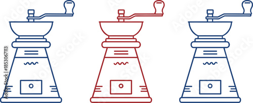 Manual coffee grinder line art set representing vintage brewing equipment cafe tools and minimal outline vector illustration