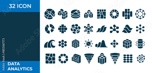 Collection of 32 dark blue data analytics on a white background with blue borders geometric shapes