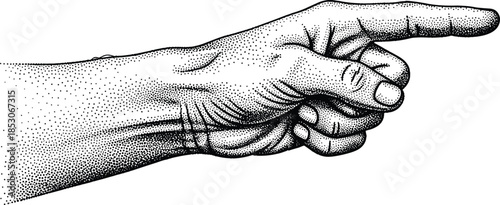 Vintage Stipple Illustration of a Human Hand Pointing Right with Index Finger Extended for Direction and Guidance in Retro Style