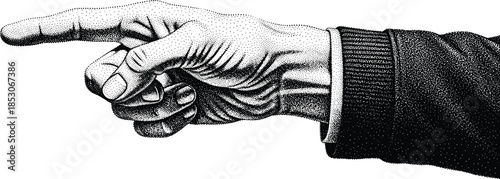 Vintage Stippled Hand Pointing Left Illustration with Dotted Shading Texture and Suit Sleeve Detail for Directional Guidance and Retro Graphic Design