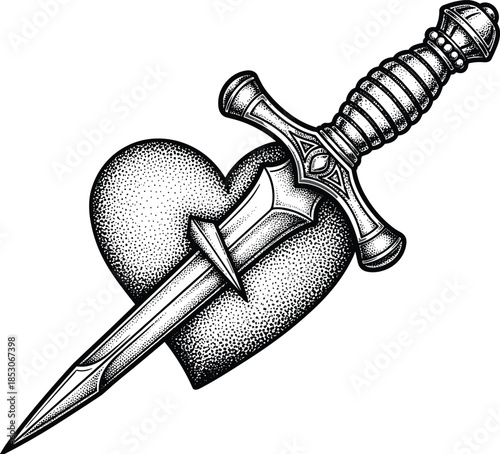 Vintage Stippled Dagger Piercing Heart Illustration with Black Dotted Shading Texture for Traditional Tattoo Design Romantic Betrayal and Edgy Branding