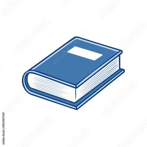 Illustration of a closed blue book with a white title label for study or research, on white