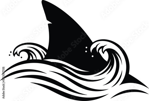 Stylized shark fin emerging from ocean waves with splash effect on white background dramatic marine illustration