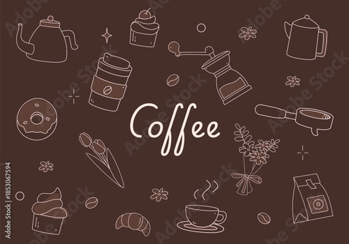 A complete set of simple, hand-drawn line illustrations depicting a coffee shop with all the necessary equipment, including a coffee grinder, coffee pot, pastries, donuts, and flowers, all presented i