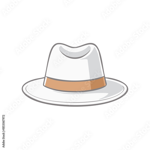 White fedora illustration with brown ribbon, classic men's headwear for summer fashion and sun protection