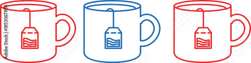 Outline tea cups with teabag illustration representing hot beverage service cafe concept and minimal vector design
