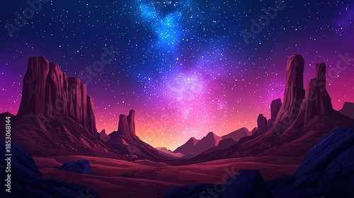A dramatic view of the Milky Way above a remote desert landscape with rocky formations