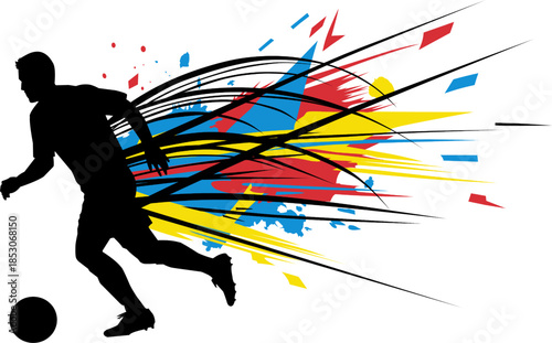 Silhouette of soccer player with abstract elements. Perfect for sports blogs, posters, or social media posts with dynamic visuals.