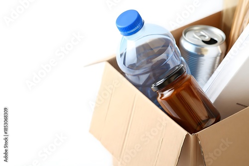 Assorted Household Containers in Brown Carton on Light Background