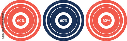 Radial circular progress charts displaying sixty percent completion for analytics dashboard statistics and modern user interface design