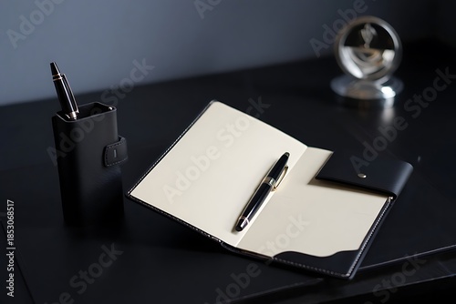 Executive Black Leather Notebook and Pen on Dark Desk with Minimalist Office Accessories