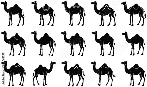 Camel and People Silhouette Set, Desert Oasis Adventure, Caravan Journey, Traditional Transport, Arabian Culture, Vector Illustration for Adobe Stock
