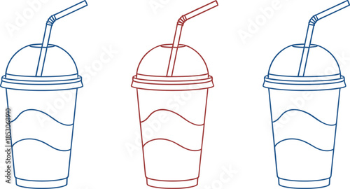 Outline takeaway drink cups with dome lids and straws representing cold beverages cafe packaging minimal vector illustration