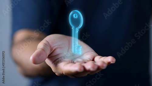Futuristic Hologram Key Floating Above Open Human Hand on Dark Background