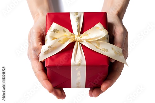 Hands Holding Red Present Box with Elegant Golden Holiday Bow on White Background